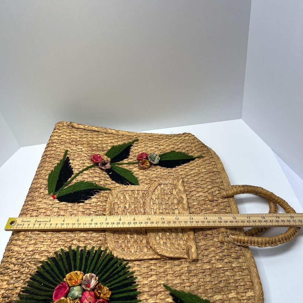 Vintage Woven Straw Tote Bag Floral 3D Raffia Embroidery Boho Beach Large Tan - Picture 3 of 16
